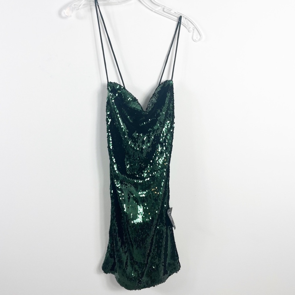 Lulus Sequin Sparkle Emerald Lace-Up Back Mini Bodycon Dress Size XL NWT - Picture 2 of 4